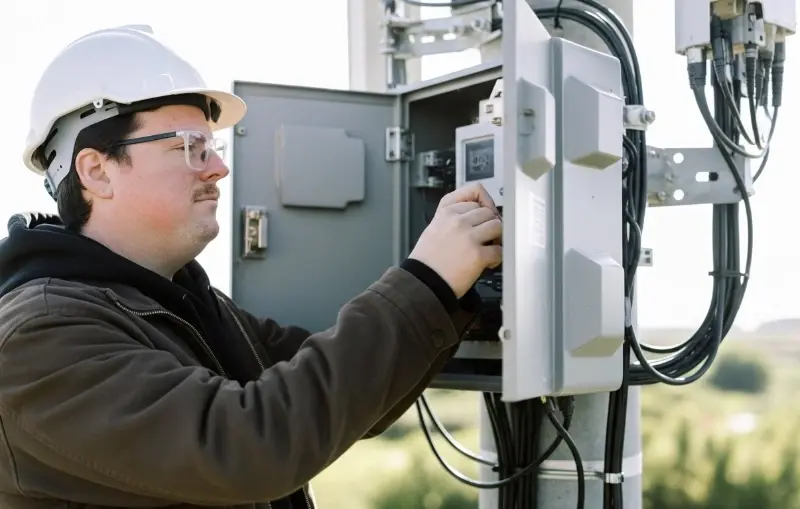 Corey working in a cabinet at a cell site