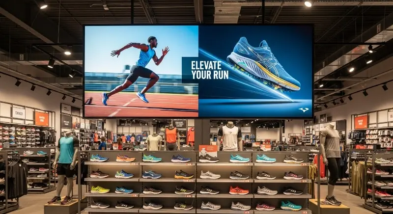 Digital signage hanging on a wall in a sporting goods store.
