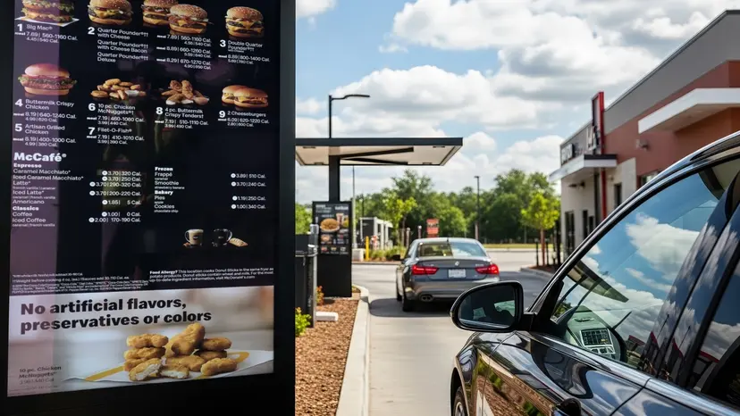 A McDonald's Drive Thru with digital menu boards on the left