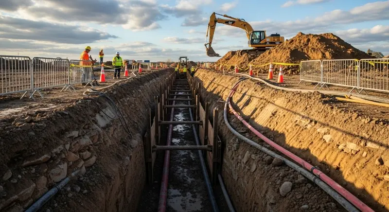 An excavated crater with a pipe laying inside at a construction site along a roadway.