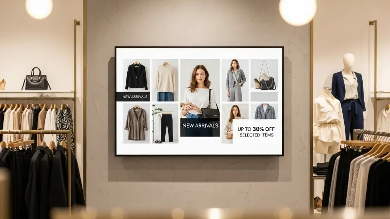 A digital board inside of a retail boutique store